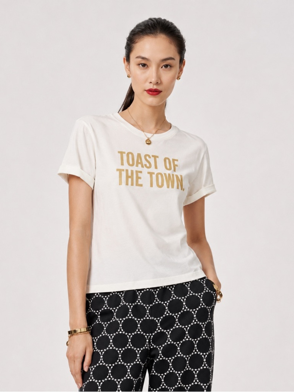 NEW KATE SPADE Toast of the Town Gold Glitter Casual Tee Shirt Top white XXS
